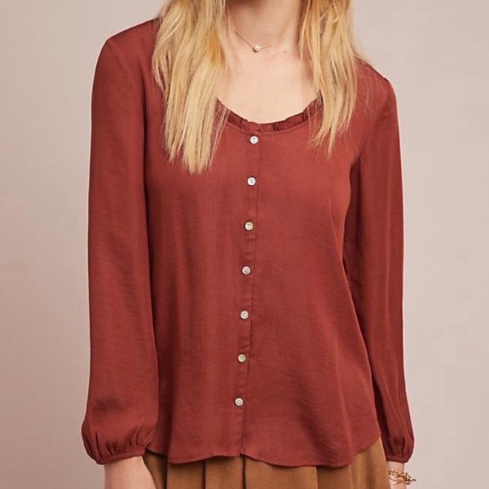 Anthropologie Rust Brown Button-Front Long-Sleeve Blouse
